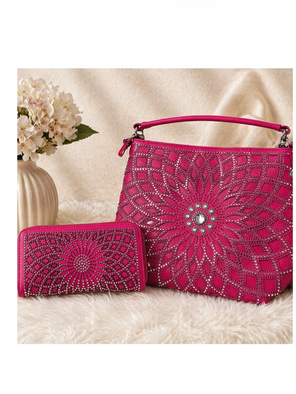Fuchsia Boho Flower Sunburst Rhinestone Hobo Purse & Matching Wallet Set